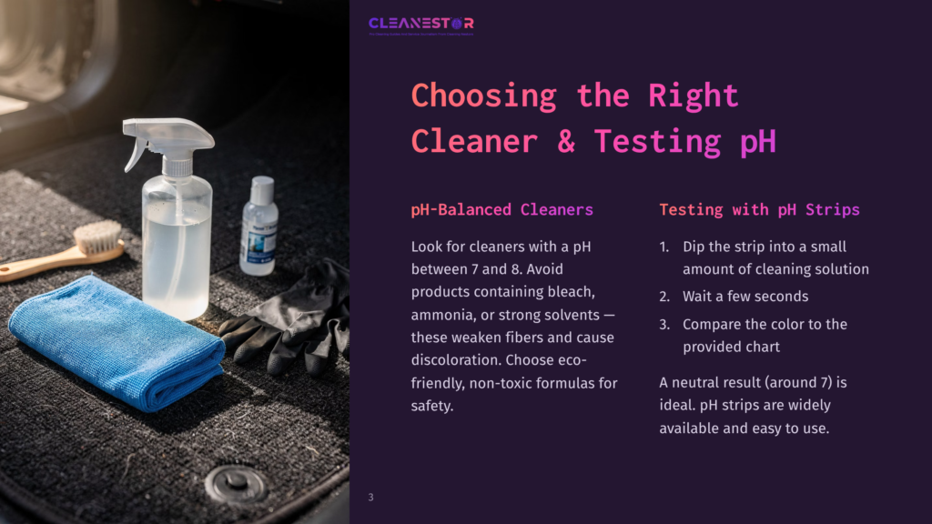 A Car Interior Cleaning Scene With A Spray Bottle Of Ph-Balanced Cleaner, Blue Microfiber Cloth, And Black Gloves On A Car Mat. Text Reads: &Quot;Choosing The Right Cleaner &Amp; Testing Ph&Quot;.