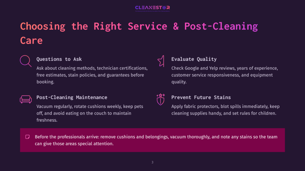 Graphic With Text &Quot;Choosing The Right Service &Amp; Post-Cleaning Care&Quot; And Sections On &Quot;Questions To Ask,&Quot; &Quot;Post-Cleaning Maintenance,&Quot; &Quot;Evaluate Quality,&Quot; And &Quot;Prevent Future Stains.