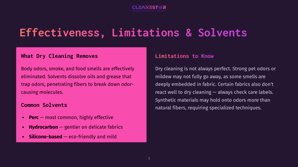 Slide Titled &Quot;Effectiveness, Limitations &Amp; Solvents&Quot; From Cleanestor, Detailing Dry Cleaning Effectiveness On Body Odors, Smoke, And Food Smells, Common Solvents Like Perc And Hydrocarbon, And Limitations With Pet Odors And Synthetic Fabrics.