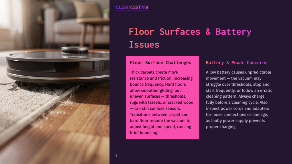 3 Floor Surfaces And Battery Issues A Black Robot Vacuum Cleaner Navigates A Textured Rug With Scattered Debris, Showcasing Floor Surface Challenges For Automated Cleaning Devices.
