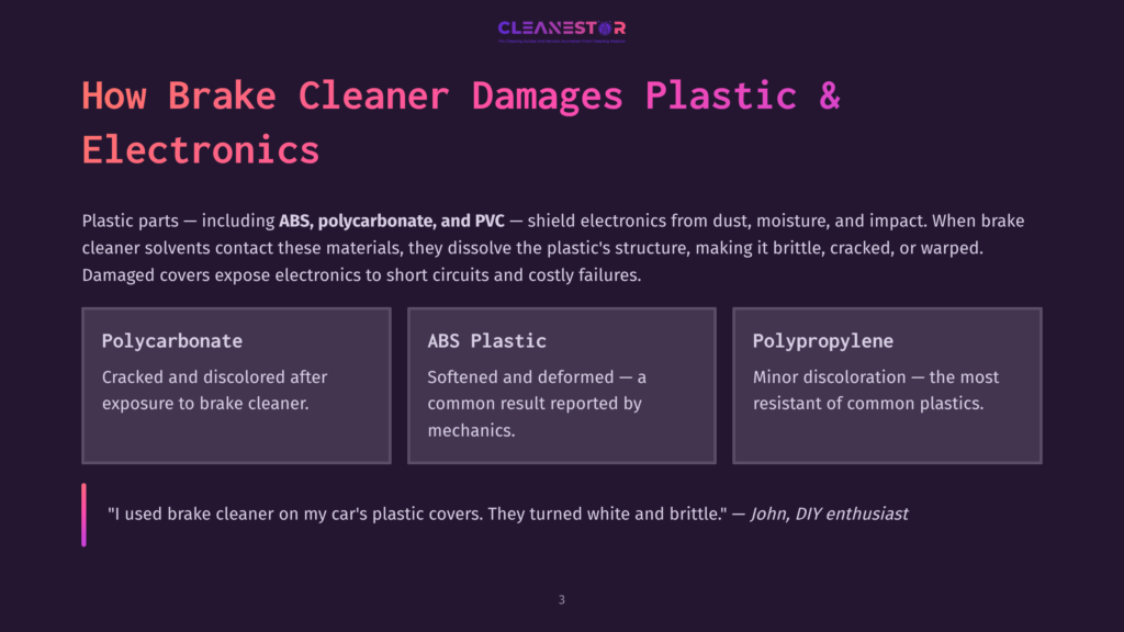 A Presentation Slide Titled &Quot;How Brake Cleaner Damages Plastic &Amp; Electronics&Quot; With Three Sections: Polycarbonate, Abs Plastic, And Polypropylene, Detailing Damage From Brake Cleaner Solvents.