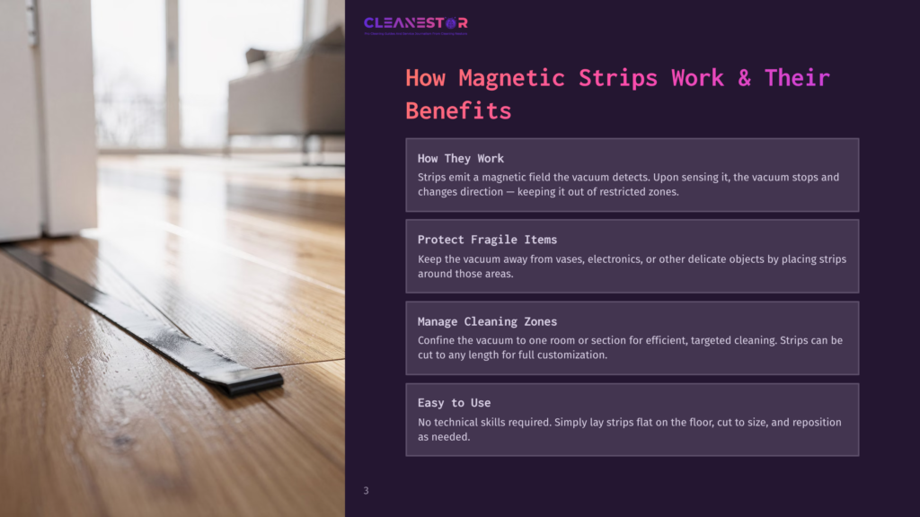 A Black Magnetic Strip Lies On A Polished Wooden Floor, With A Clean-Up Bot Vacuum Cleaner Visible In The Background. The Image Highlights How Magnetic Strips Work With Robotic Vacuums.