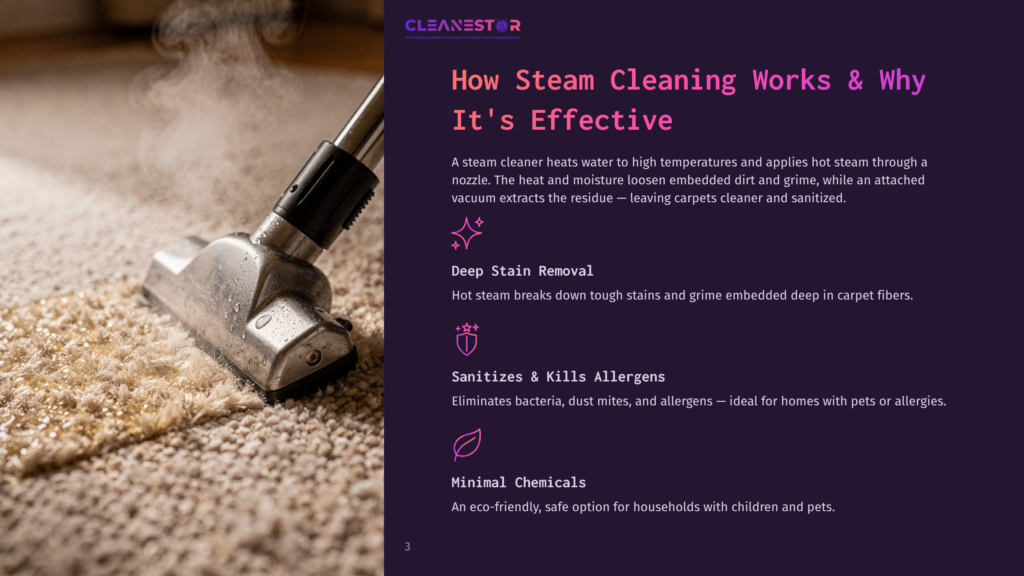 Close-Up Of A Steam Cleaner Nozzle Spraying Hot Steam Onto A Beige Carpet, With The Cleanestor Logo And Text &Quot;How Steam Cleaning Works &Amp; Why It'S Effective&Quot; Visible In The Background.