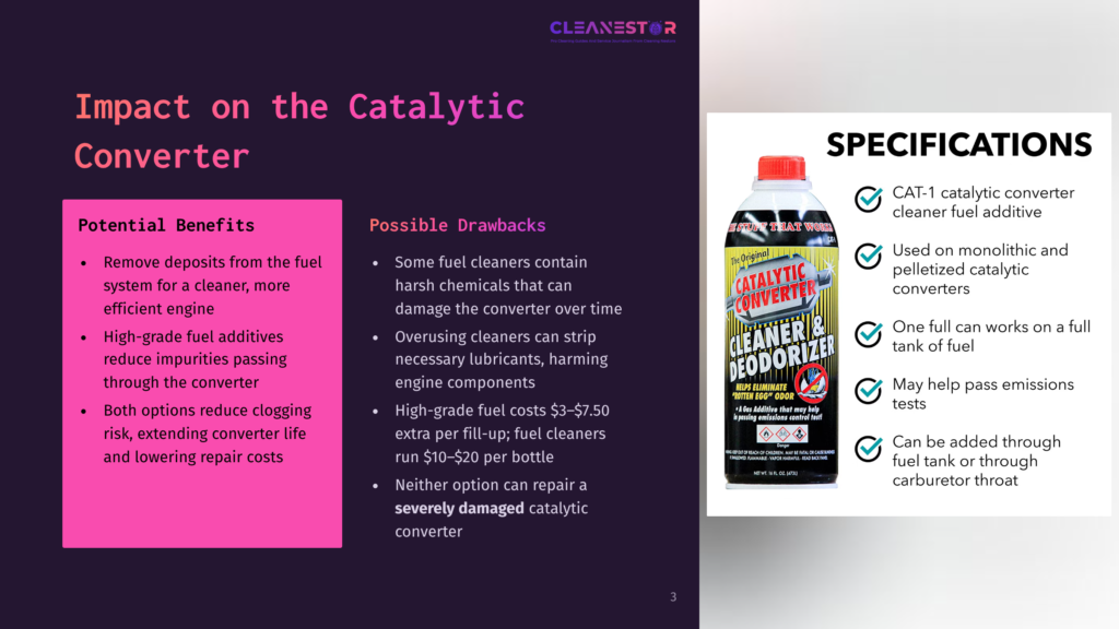 3 Impact On The Catalytic Converter A Presentation Slide With Two Columns: &Quot;Potential Benefits&Quot; And &Quot;Possible Drawbacks&Quot; Of Catalytic Converters, And A &Quot;Specifications&Quot; Column Listing Benefits Of A Catalytic Converter Cleaner Additive.