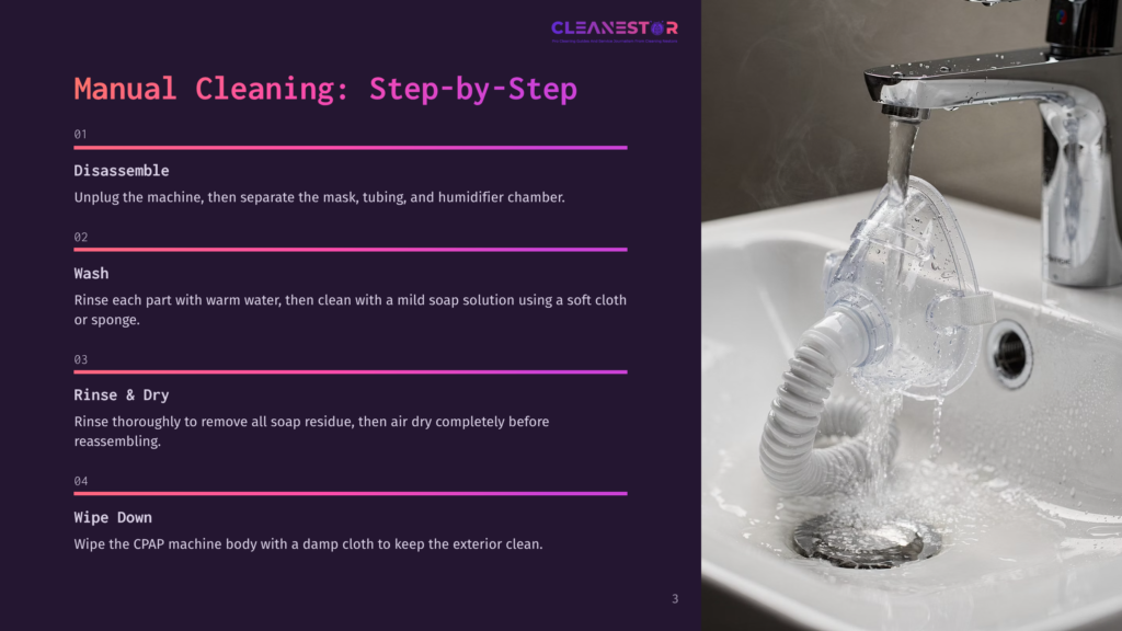 3 Manual Cleaning Step By Step Cpap Mask And Tubing Being Rinsed Under Running Water In A White Sink, With Steam Rising, Next To A Faucet. Text Overlay Reads &Quot;Cleanestor&Quot; And &Quot;Manual Cleaning: Step-By-Step&Quot;.