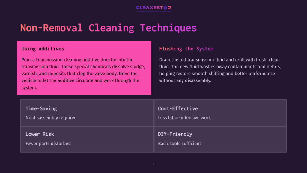Cleanestor Presentation Slide Detailing &Quot;Non-Removal Cleaning Techniques&Quot; For Transmission Flushes, Contrasting &Quot;Using Additives&Quot; With &Quot;Flushing The System&Quot; And Listing Benefits Like &Quot;Time-Saving&Quot; And &Quot;Diy-Friendly.