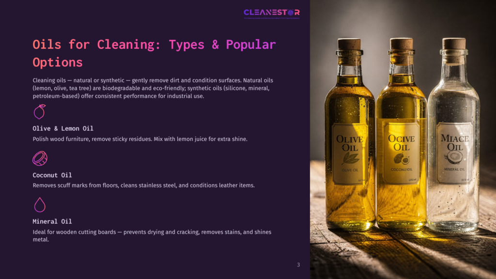 Three Glass Bottles Of Natural Oils For Cleaning: Olive Oil, Coconut Oil, And Mineral Oil, Are Displayed On A Dark Surface With A Subtle Bokeh Background.