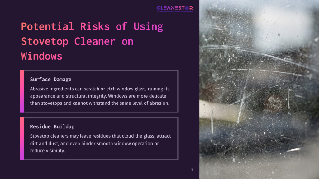 A Close-Up Of A Dirty Window With Streaks And Smudges, Suggesting Potential Residue Buildup From Cleaning Products. The Text &Quot;Potential Risks Of Using Stovetop Cleaner On Windows&Quot; Is Overlaid On A Dark Purple Background.