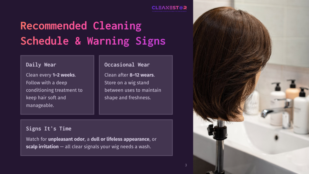 A Dark Brown Wig On A Mannequin Head Is Displayed Next To Bottles Of Cleaning Products And A Sink, With Text Overlay About Wig Cleaning Schedules And Signs.
