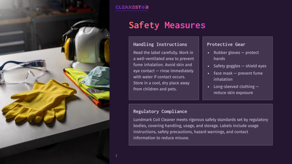 Safety Gear Including Yellow Gloves, Goggles, A Mask, And Ear Protection Rests On A Workbench, With Text Overlay &Quot;Safety Measures&Quot; And &Quot;Handling Instructions,&Quot; &Quot;Protective Gear,&Quot; And &Quot;Regulatory Compliance.