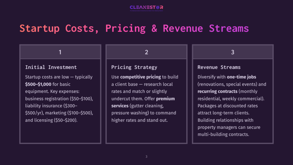 Cleanestor Startup Costs, Pricing Strategy, And Revenue Streams: Initial Investment $500-$1000, Competitive Pricing, And Diverse One-Time Jobs And Recurring Contracts.