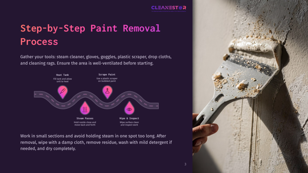 Step-By-Step Paint Removal Process Infographic: Heat Tank, Scrape Paint, Steam Passes, Wipe &Amp; Inspect. Gather Tools: Steam Cleaner, Gloves, Goggles, Scraper, Drop Cloths, Rags. Ensure Ventilation.