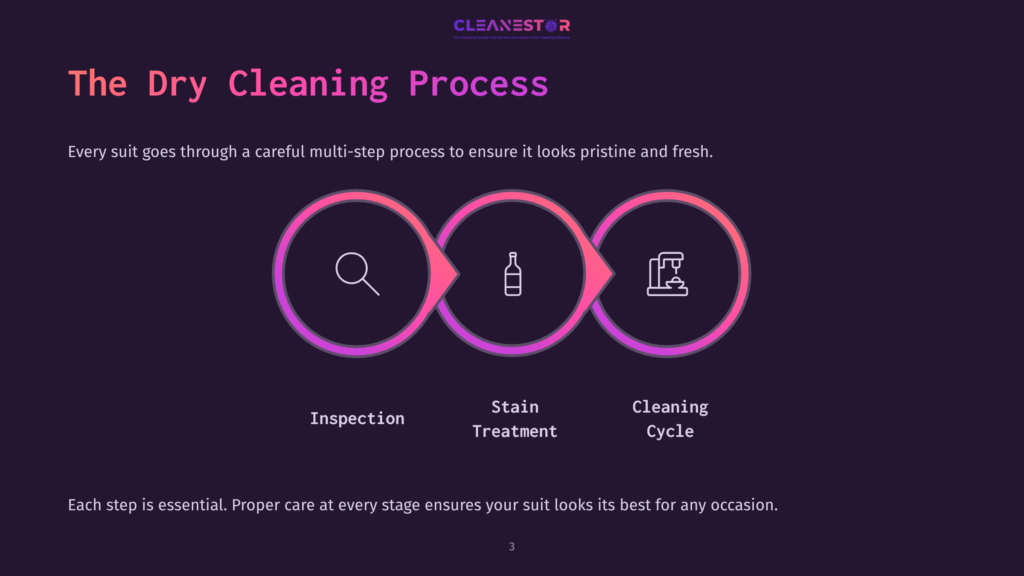 3 The Dry Cleaning Process Diagram Illustrating The Dry Cleaning Process With Three Circular Icons: Inspection, Stain Treatment, And Cleaning Cycle. Text Reads &Quot;The Dry Cleaning Process&Quot; And &Quot;Cleanestor&Quot;.