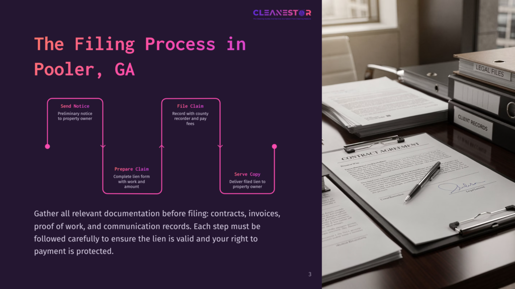 Flowchart Illustrating The Lien Filing Process In Pooler, Ga: Send Notice, Prepare Claim, File Claim, Serve Copy. Background Shows Legal Documents And Files.