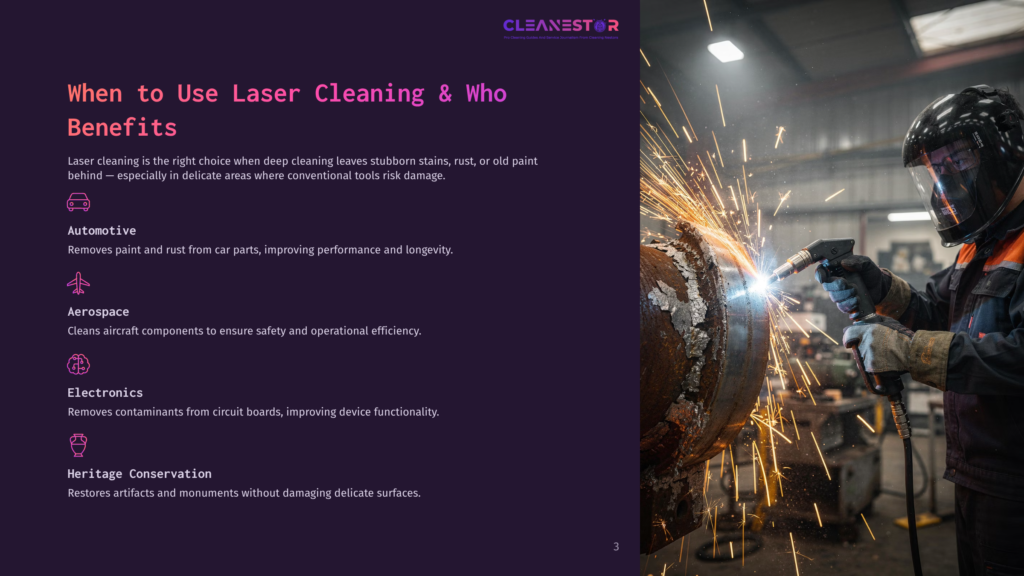 Close-Up Of A Worker In A Protective Suit And Helmet Using A Laser Cleaning Tool On A Large Metal Pipe, Sparks Flying. The &Quot;Cleanestor&Quot; Logo Is Visible In The Top Right Corner.