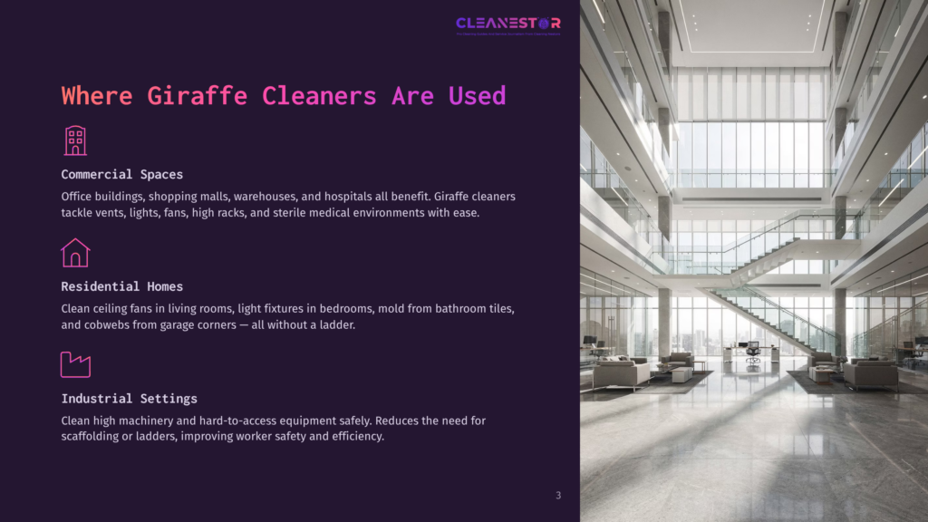 Cleanestor Logo With Text &Quot;Cleanestor&Quot; And Tagline &Quot;The Cleaning &Amp; Hygiene Solutions You Can Trust&Quot;. The Image Displays The Text &Quot;Where Giraffe Cleaners Are Used&Quot; With Icons And Descriptions For &Quot;Commercial Spaces&Quot;, &Quot;Residential Homes&Quot;, And &Quot;Industrial Settings&Quot;.