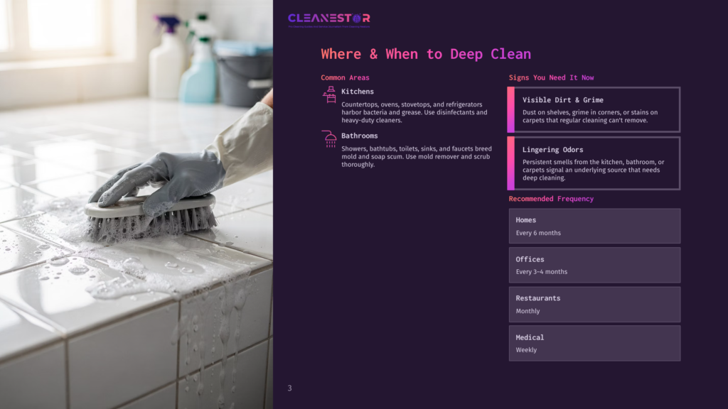A Gloved Hand Scrubs A Tiled Surface With A Brush, Illustrating Deep Cleaning For Kitchens And Bathrooms.