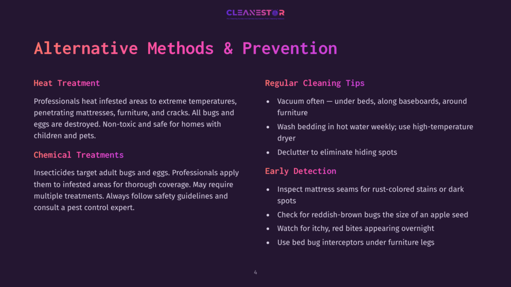 Cleanestor Slide On Alternative Methods And Prevention For Pest Infestations, Detailing Heat Treatment, Chemical Treatments, And Cleaning Tips.