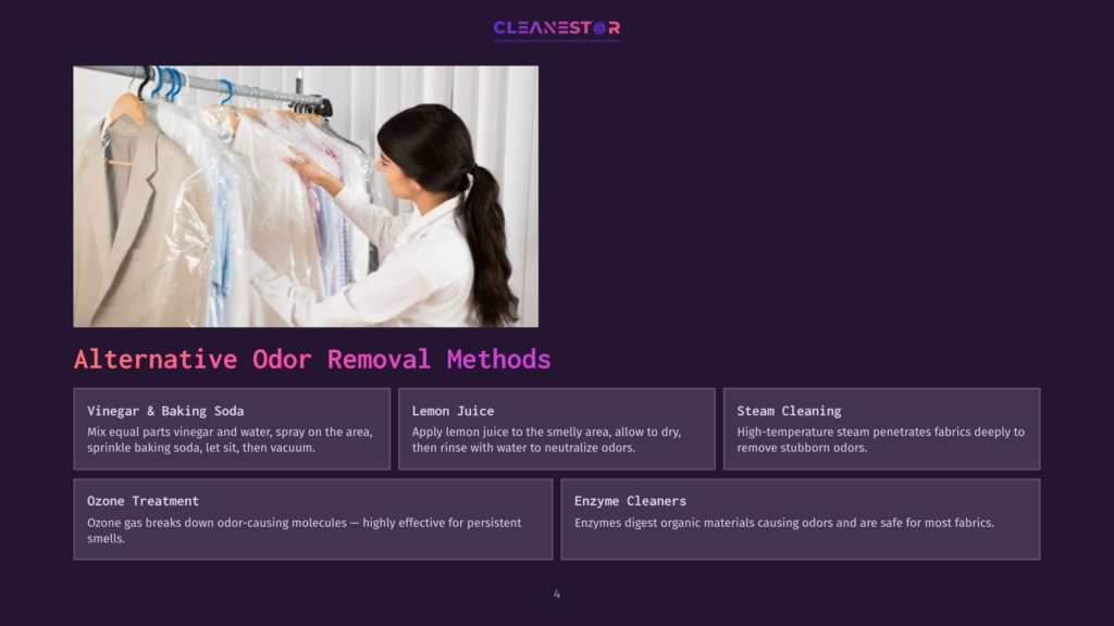 Woman In White Shirt Inspects Clothes On Hangers In A Dry Cleaning Bag, With Text Overlay Mentioning &Quot;Cleanestor&Quot; And Alternative Odor Removal Methods Like Vinegar, Lemon Juice, Steam Cleaning, Ozone Treatment, And Enzyme Cleaners.