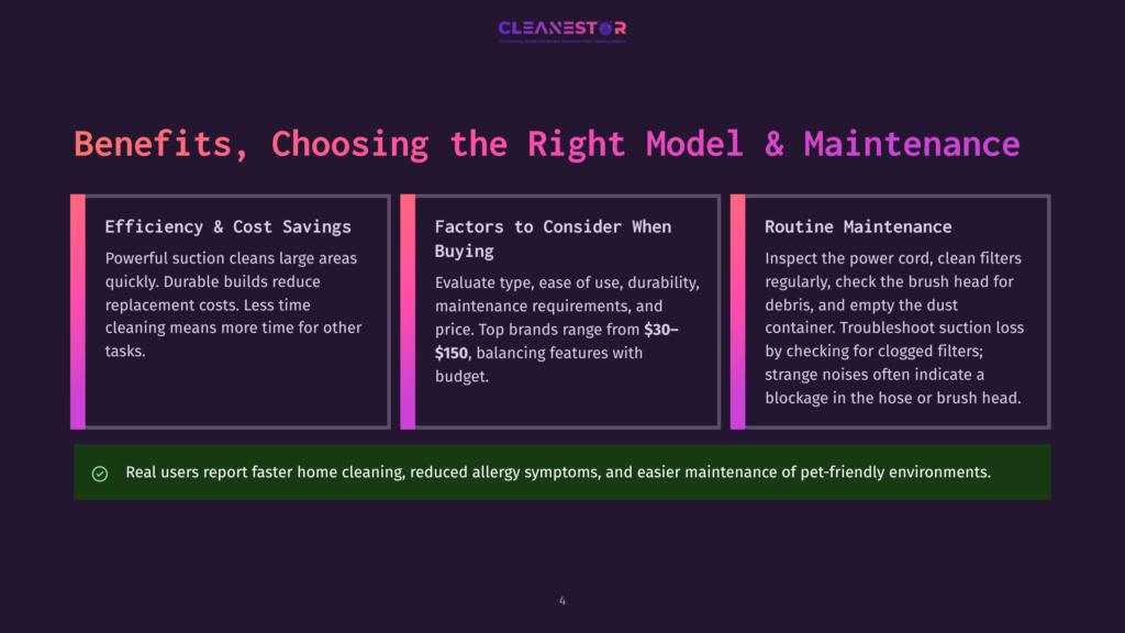 Benefits Of Choosing The Right Vacuum Cleaner Model And Maintenance: Efficiency &Amp; Cost Savings, Factors To Consider When Buying, And Routine Maintenance. Includes A Checkmark Icon And Text About Real Users Reporting Faster Home Cleaning.