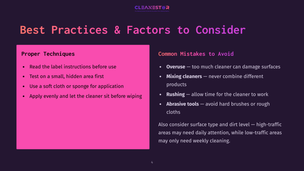Presentation Slide Titled &Quot;Best Practices &Amp; Factors To Consider&Quot; With Two Columns: &Quot;Proper Techniques&Quot; And &Quot;Common Mistakes To Avoid,&Quot; Detailing Cleaning Advice.