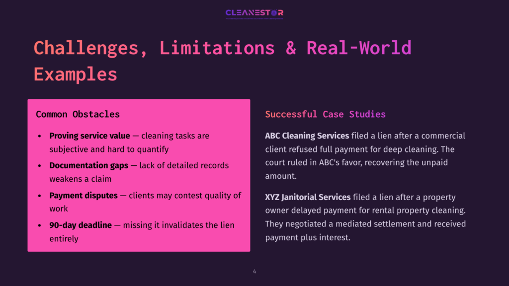 Slide Titled &Quot;Challenges, Limitations &Amp; Real-World Examples&Quot; With Sections &Quot;Common Obstacles&Quot; And &Quot;Successful Case Studies&Quot; Detailing Issues Like Proving Service Value And Documentation Gaps In Cleaning Services.