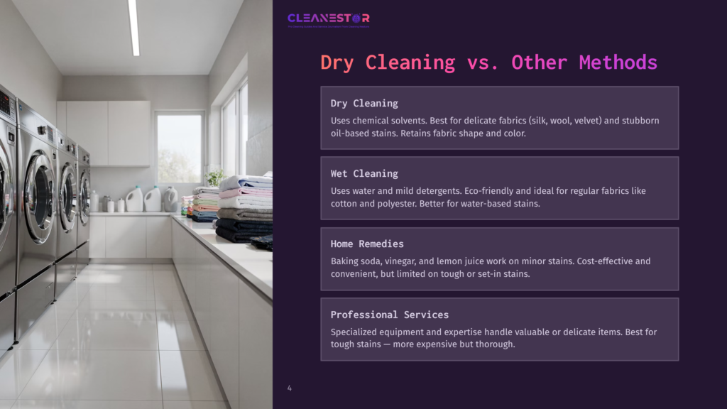 4 Dry Cleaning Vs Other Methods Cleanestor Logo And Text &Quot;Dry Cleaning Vs. Other Methods&Quot; Over A Background Image Of A Modern Laundry Room With Multiple Washing Machines.