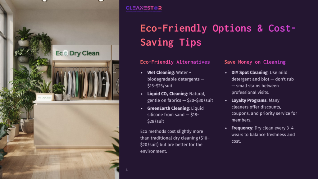 A Modern, Bright Dry Cleaning Store Interior With Racks Of Clothing, Lush Green Plants, And A &Quot;Eco Dry Clean&Quot; Sign Visible.