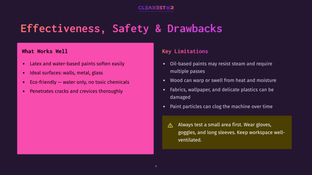 Cleanestor Graphic Detailing The Effectiveness, Safety, And Drawbacks Of A Cleaning Method. Left Side Lists What Works Well: Latex &Amp; Water-Based Paints, Ideal Surfaces (Walls, Metal, Glass), Eco-Friendly (Water Only), And Penetrating Cracks. Right Side Lists Key Limitations: Oil-Based Paints, Potential Damage To Wood, Fabrics, Wallpaper, And Delicate Plastics, And Paint Particles Clogging Machinery. A Warning Icon Highlights Testing A Small Area First And Wearing Protective Gear.