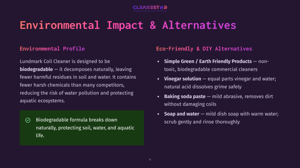 Slide Titled &Quot;Environmental Impact &Amp; Alternatives&Quot; From Cleanestor, Detailing Lundmark Coil Cleaner'S Biodegradability And Eco-Friendly Cleaning Alternatives Like Simple Green And Baking Soda.