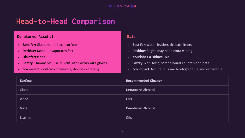 Comparison Chart Showing Denatured Alcohol Vs. Oils For Cleaning, Detailing Their Effectiveness On Glass, Wood, Metal, And Leather, As Well As Safety And Residue Information.