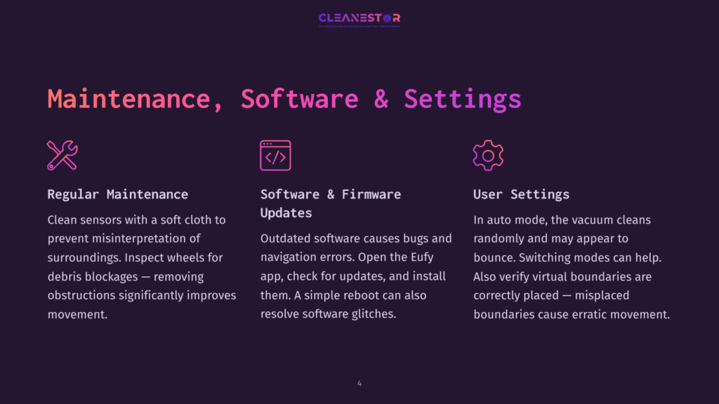 4 Maintenance Software And Settings Cleanestor Logo And Title: &Quot;Maintenance, Software &Amp; Settings&Quot; With Three Sections: &Quot;Regular Maintenance&Quot;, &Quot;Software &Amp; Firmware Updates&Quot;, And &Quot;User Settings&Quot;, Each With An Icon And Descriptive Text.