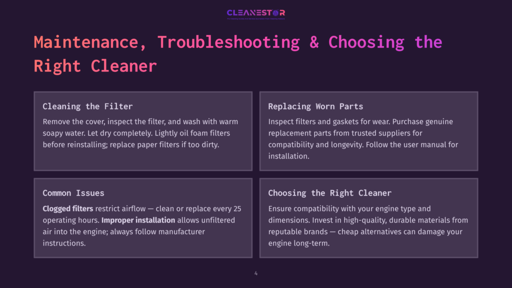 Cleanestor Logo With Text &Quot;Maintenance, Troubleshooting &Amp; Choosing The Right Cleaner&Quot; Over A Dark Purple Background With Four Content Boxes: &Quot;Cleaning The Filter&Quot;, &Quot;Replacing Worn Parts&Quot;, &Quot;Common Issues&Quot;, And &Quot;Choosing The Right Cleaner&Quot;.