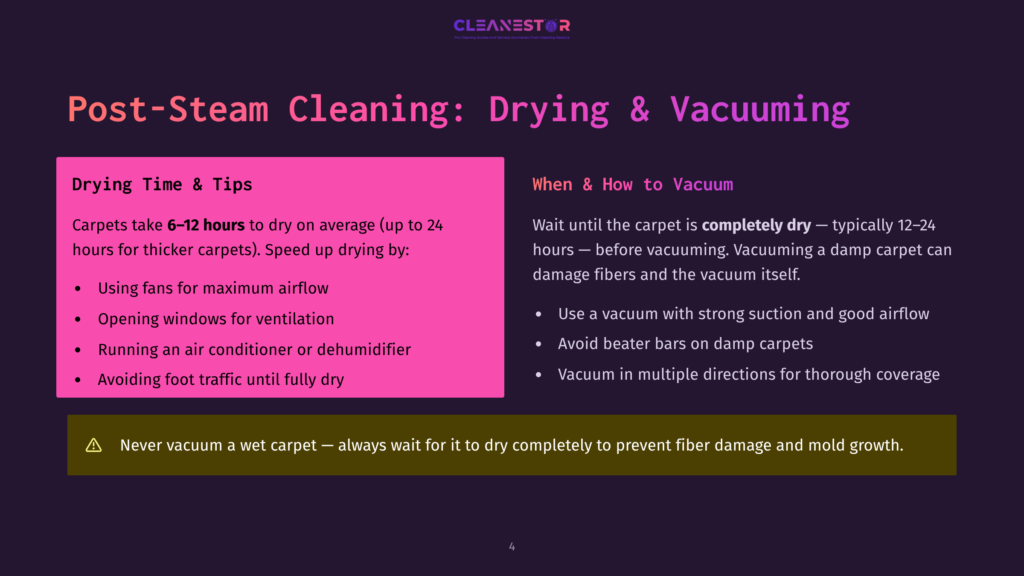Slide Titled &Quot;Post-Steam Cleaning: Drying &Amp; Vacuuming&Quot; With Advice On Drying Carpets, Including Using Fans, Opening Windows, Running Air Conditioners, And Avoiding Foot Traffic. It Also Advises Waiting Until The Carpet Is Completely Dry Before Vacuuming To Prevent Fiber Damage.
