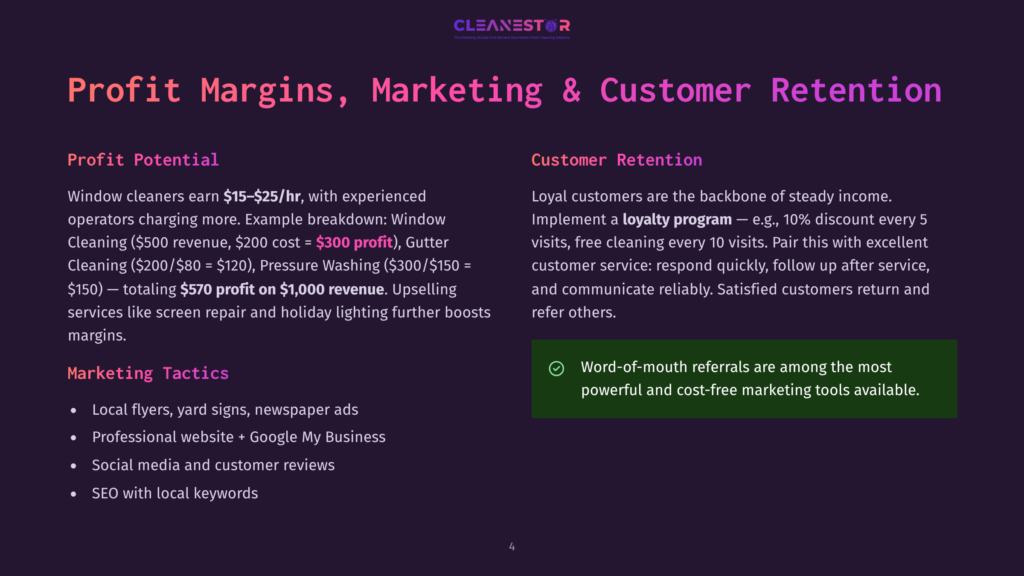 A Dark Purple Slide Titled &Quot;Profit Margins, Marketing &Amp; Customer Retention&Quot; With Sections On &Quot;Profit Potential&Quot; And &Quot;Customer Retention&Quot; Detailing Cleaning Service Pricing And Loyalty Programs.