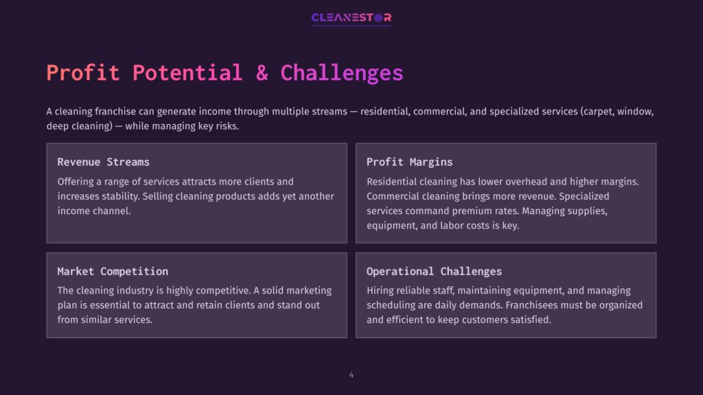 Cleanestor Presentation Slide Detailing Profit Potential And Challenges For A Cleaning Franchise, With Sections On Revenue Streams, Profit Margins, Market Competition, And Operational Challenges.