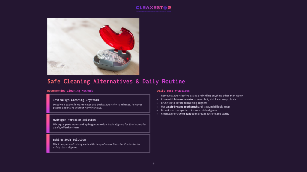 4 Safe Cleaning Alternatives And Daily Routine A Clear Plastic Dental Aligner Case With Two Sets Of Clear Aligners Sits On A Dark Purple Background. The Case Is Open, Revealing The Aligners Inside, With A Red Lid Resting Behind Them. The Image Is Part Of A Guide On Safe Cleaning Alternatives And Daily Routines For Clear Aligners.