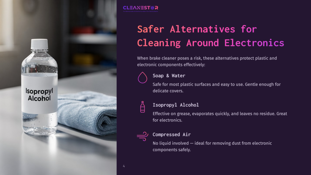 A Clear Bottle Of Isopropyl Alcohol Sits Next To A Folded Blue Microfiber Cloth On A Metallic Surface. The Bottle Has A White Label With &Quot;Isopropyl Alcohol&Quot; In Bold Black Text. The Image Is Part Of A Graphic About Safer Alternatives For Cleaning Electronics.