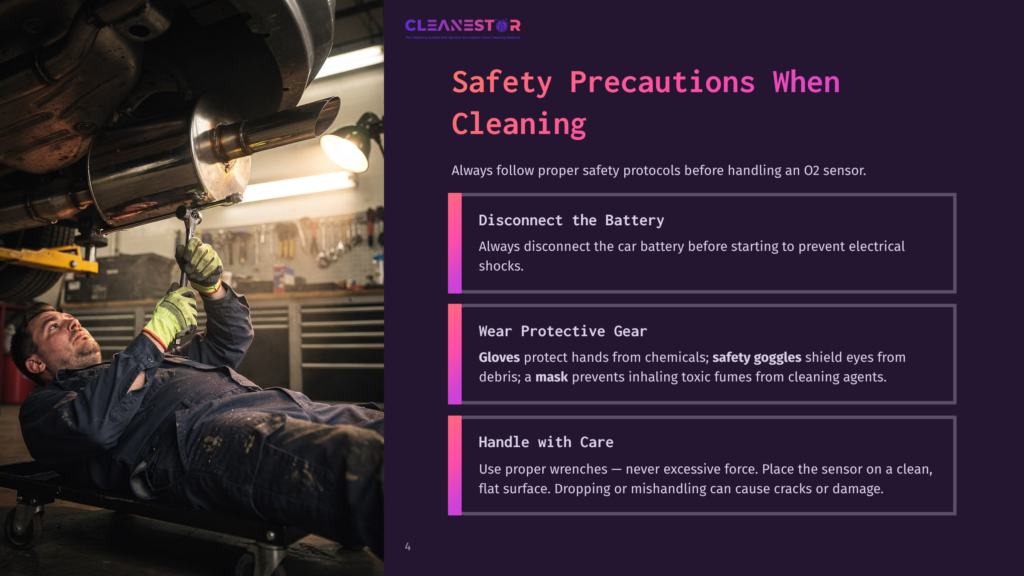 Mechanic Wearing Gloves Works On A Car'S Exhaust System, With Safety Precautions Text Overlay: &Quot;Disconnect The Battery,&Quot; &Quot;Wear Protective Gear,&Quot; And &Quot;Handle With Care.