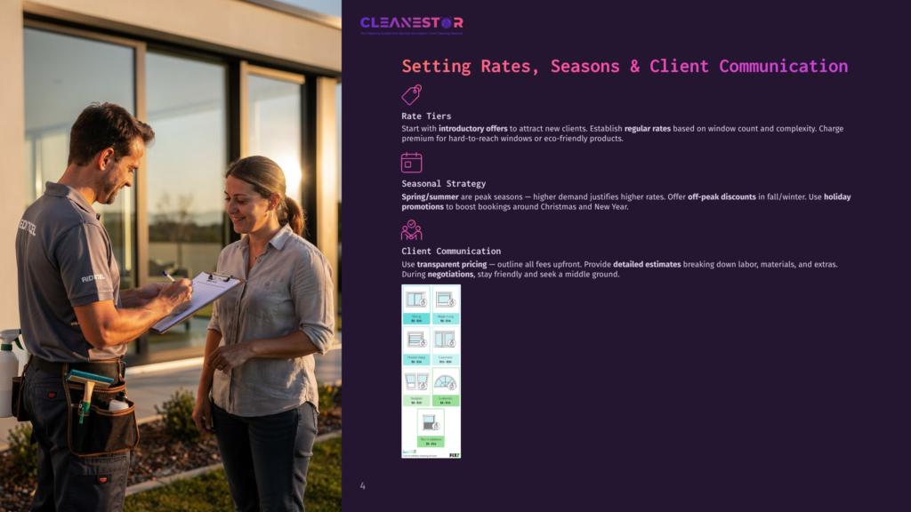 4 Setting Rates Seasons And Client Communication A Window Cleaner In A Grey Uniform Explains Pricing To A Smiling Woman Holding A Clipboard Outside A Modern Home.