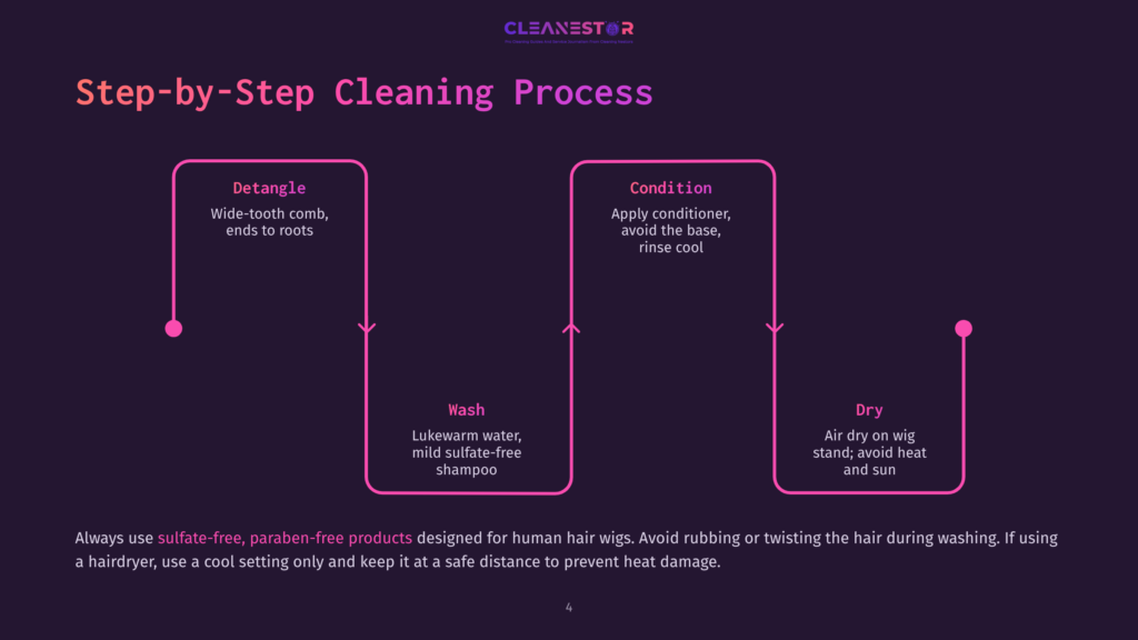 Flowchart Detailing The Step-By-Step Cleaning Process For Human Hair Wigs: Detangle, Wash, Condition, And Dry. The Graphic Features Pink And Purple Hues And Includes A Footer With Important Wig Care Instructions.