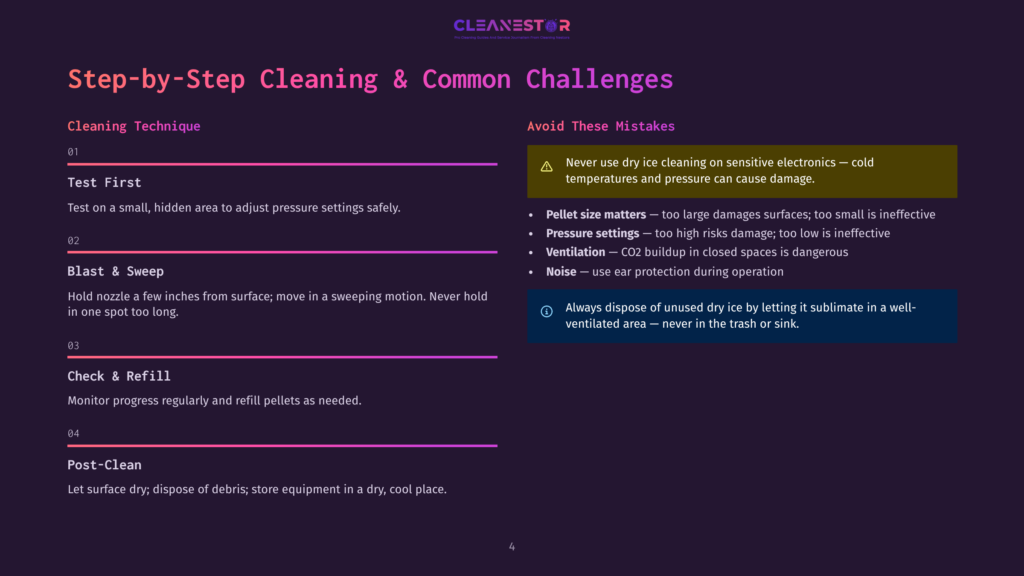 Step-By-Step Guide To Dry Ice Cleaning: Cleaning Technique, Test First, Blast &Amp; Sweep, Check &Amp; Refill, Post-Clean. Common Challenges Include Pellet Size, Pressure Settings, Ventilation, And Noise.