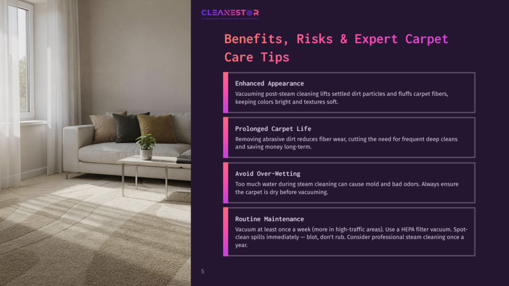 Cleanestor Logo And Text &Quot;Benefits, Risks &Amp; Expert Carpet Care Tips&Quot; On A Dark Purple Background, With An Image Of A Bright, Clean Living Room With A Sofa And Carpet On The Left.