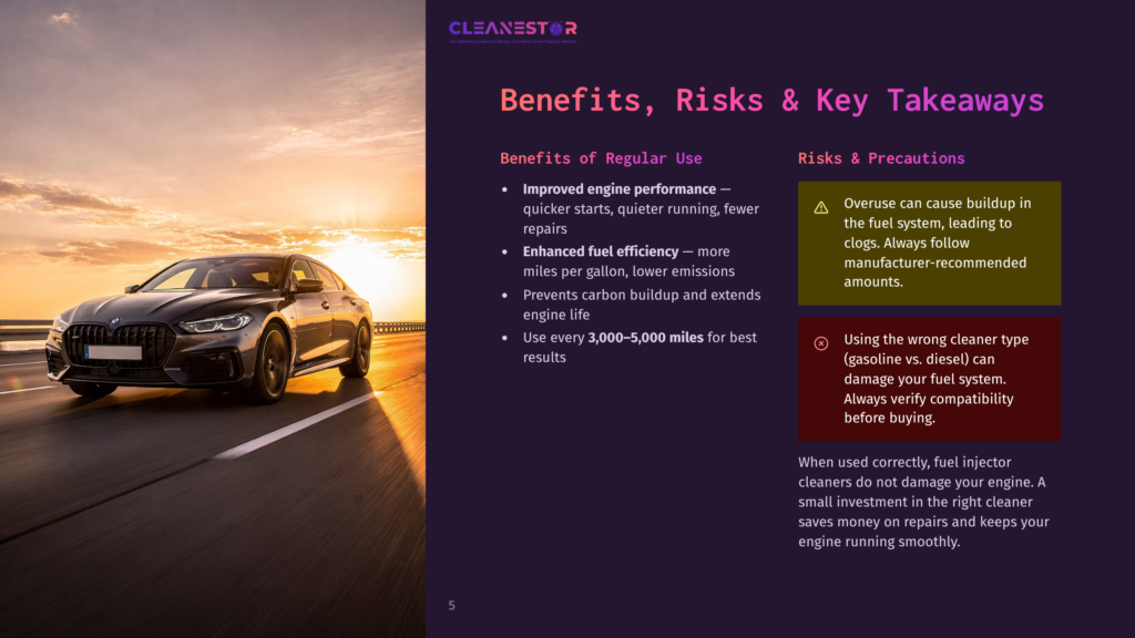 A Sleek Black Luxury Car Drives Down A Sun-Drenched Highway, With The Text &Quot;Cleanestor Benefits, Risks &Amp; Key Takeaways&Quot; Visible On The Right Side Of The Image.