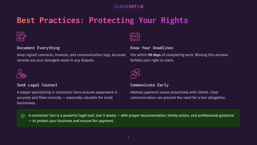 Cleanestor Logo Above A Dark Background With Text About Best Practices For Protecting Your Rights, Including Document Everything, Know Your Deadlines, Seek Legal Counsel, And Communicate Early.