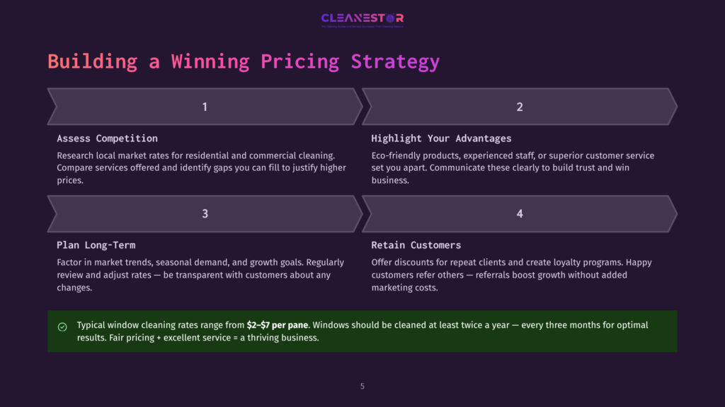 5 Building A Winning Pricing Strategy A Dark Purple Slide Titled &Quot;Building A Winning Pricing Strategy&Quot; With Four Numbered Steps: 1. Assess Competition, 2. Highlight Your Advantages, 3. Plan Long-Term, And 4. Retain Customers. A Green Banner At The Bottom Provides A Typical Window Cleaning Price Range.