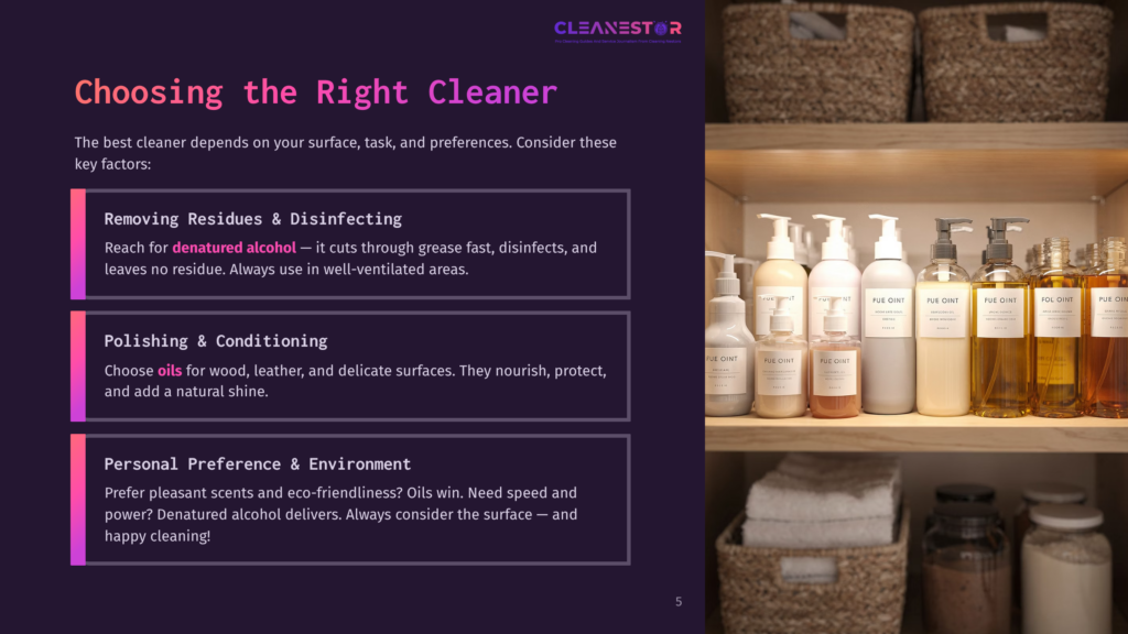 A Shelf Of Cleaning Products, Including Bottles Of Pue Oint And Cleanestar, Sits On A Wooden Surface Next To Neatly Folded White Towels.