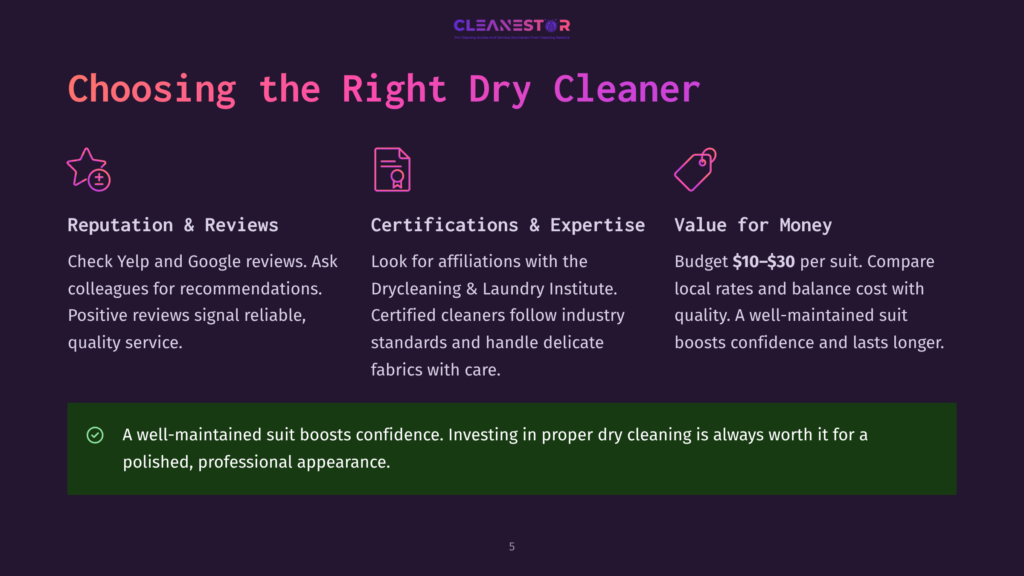 Graphic Illustrating How To Choose A Dry Cleaner: Reputation &Amp; Reviews, Certifications &Amp; Expertise, And Value For Money. Text Highlights A Well-Maintained Suit Boosts Confidence And Investing In Proper Dry Cleaning Is Worth It.