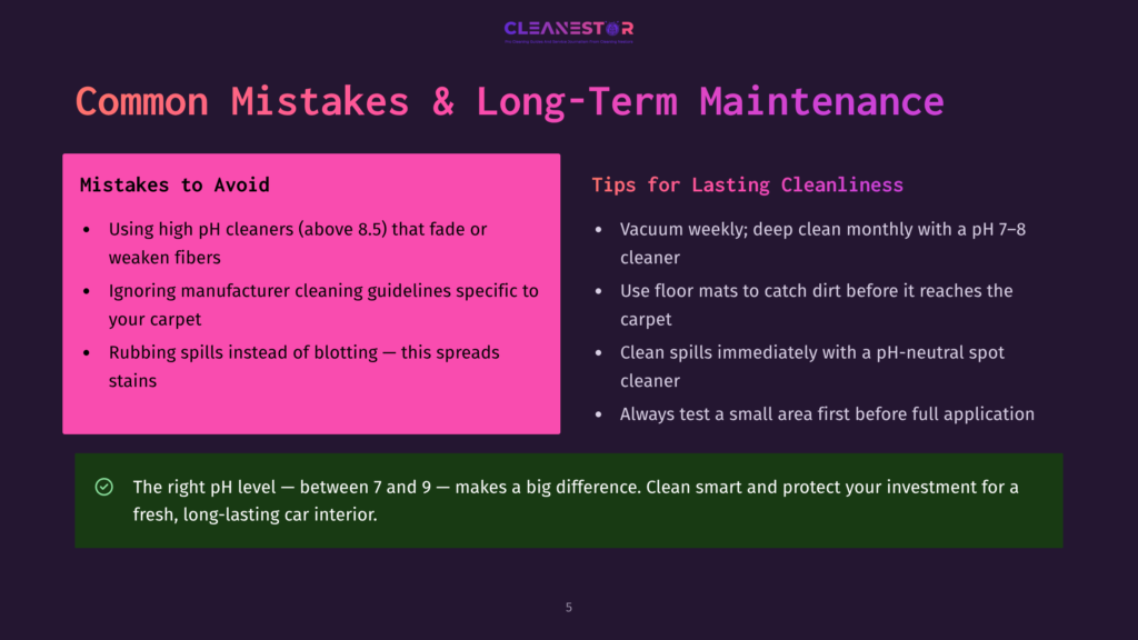 A Presentation Slide Titled &Quot;Common Mistakes &Amp; Long-Term Maintenance&Quot; With Tips For Cleaning Car Interiors. It Lists Mistakes To Avoid And Tips For Lasting Cleanliness, Including Ph Levels And Vacuuming.