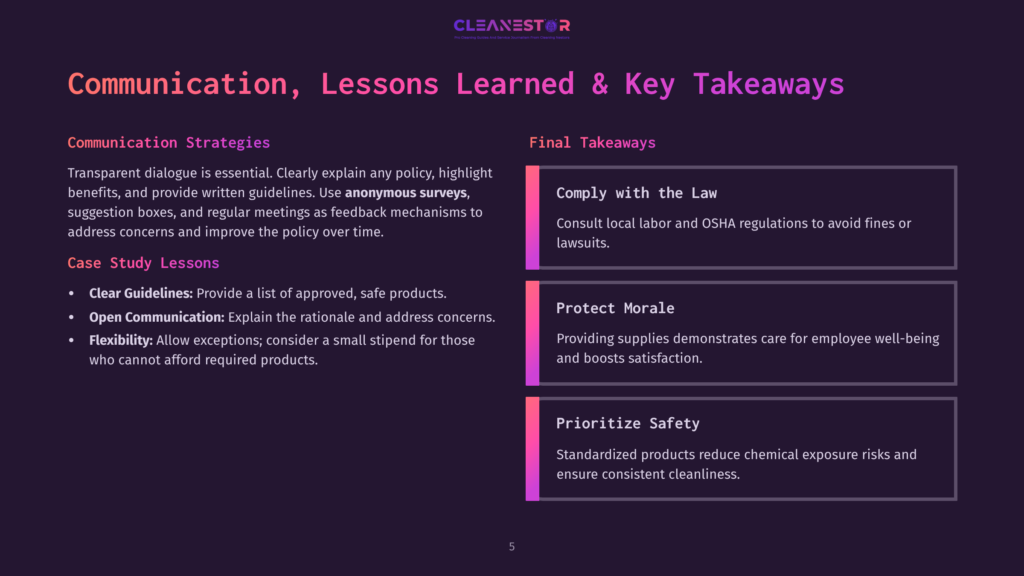 Presentation Slide Titled &Quot;Communication, Lessons Learned &Amp; Key Takeaways&Quot; With Sections On &Quot;Communication Strategies&Quot; And &Quot;Final Takeaways,&Quot; Featuring Bullet Points On Anonymous Surveys, Clear Guidelines, Open Communication, And Flexibility.